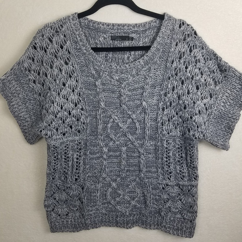 Prana Womens S Gray Cable Knit Crochet Short Sleeve Sweater boxy chunky soft‎